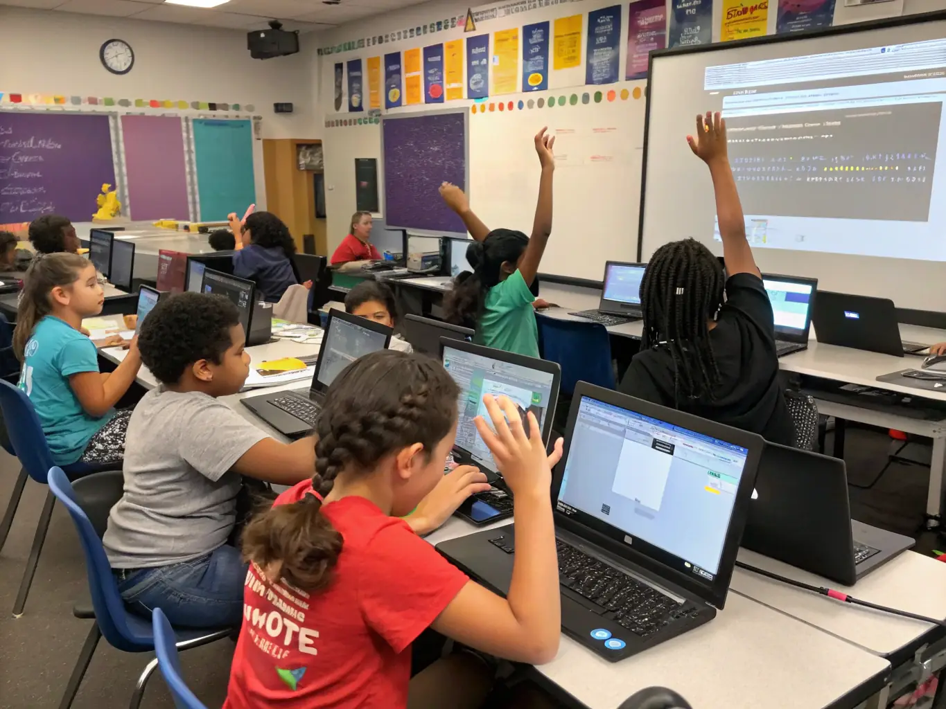 A vibrant classroom scene with students coding on laptops, instructor guiding a project, and programming language logos displayed prominently, representing the hands-on learning environment of programlearn.site's courses.