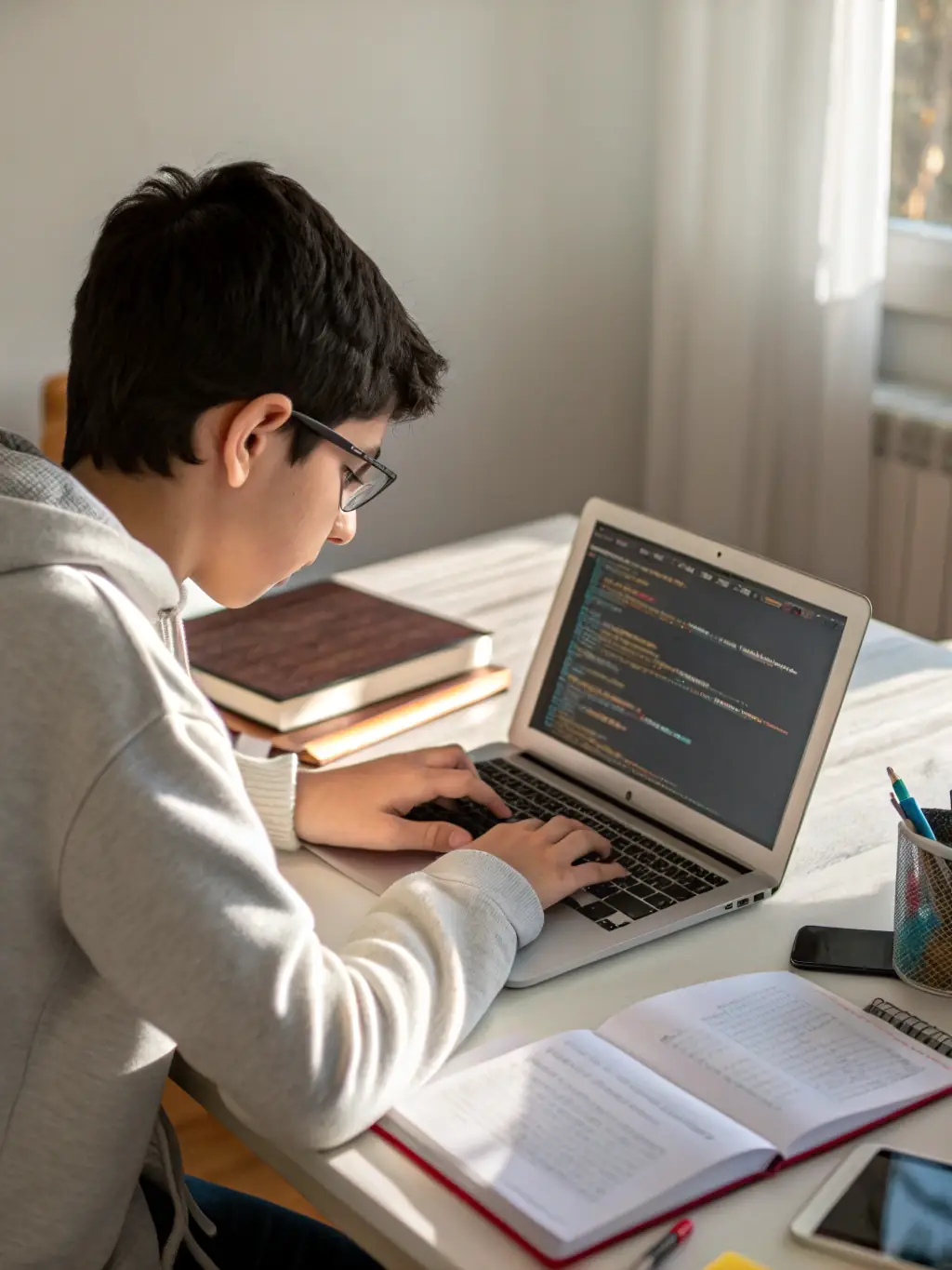 A student coding Python on a laptop, illuminated by the screen, in a modern classroom setting. The focus is on hands-on learning and practical application.