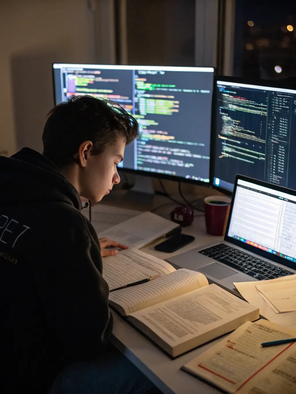 A student debugging Java code on a desktop computer, with a focus on object-oriented programming concepts and problem-solving.