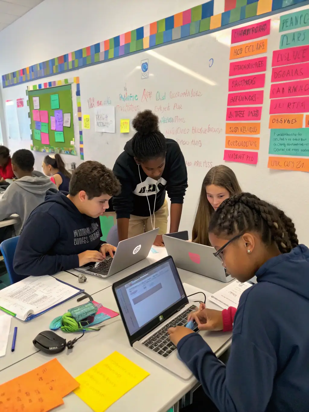 A diverse group of students collaborating on a software development project, showcasing teamwork and practical application of learned skills.